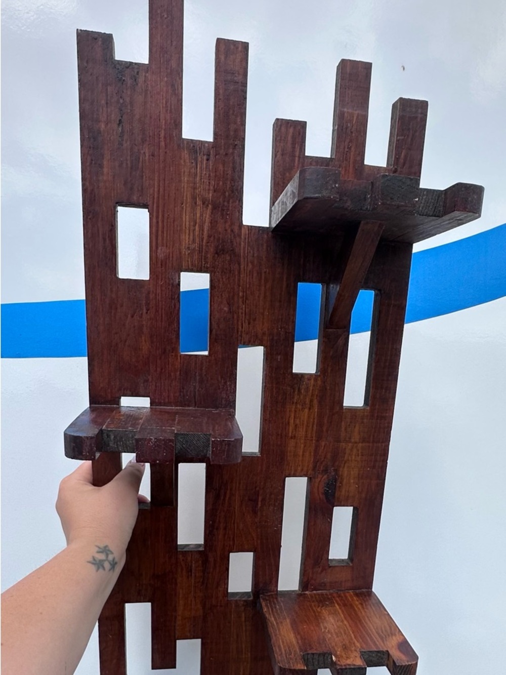 Handmade Wooden Geometric Wall Shelf - Dark Brown Home Wall Decor